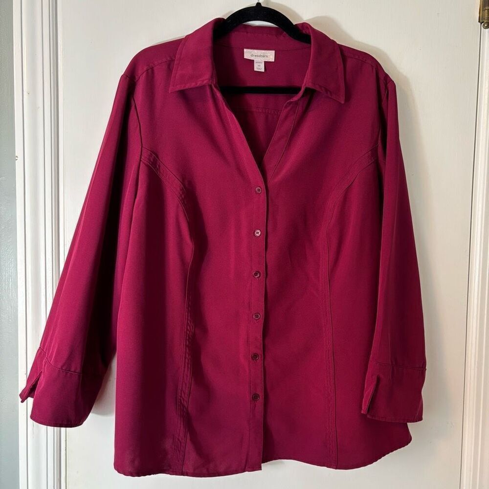 Dressbarn 2X berry color button up shirt princess seam flip cuff long sleeve